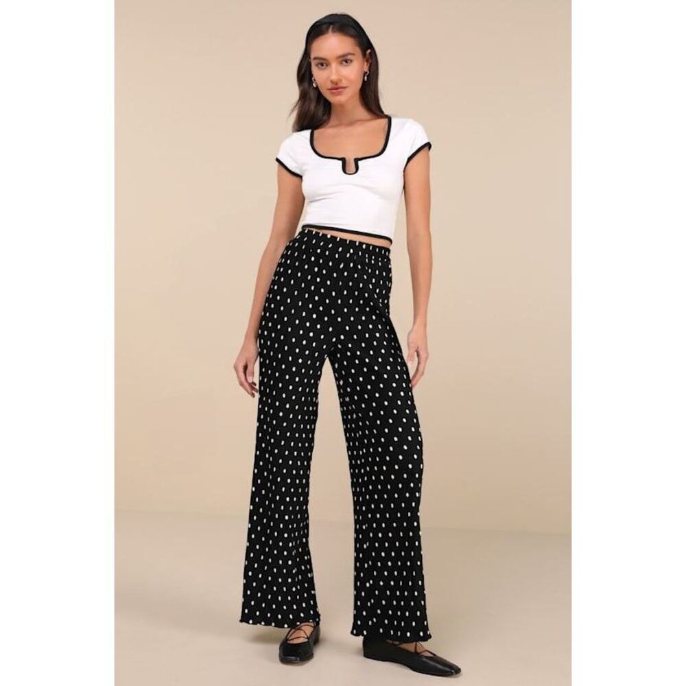 Lulus Marvelously Adorable Black Polka Dot Pleated High-rise Pants - Size L